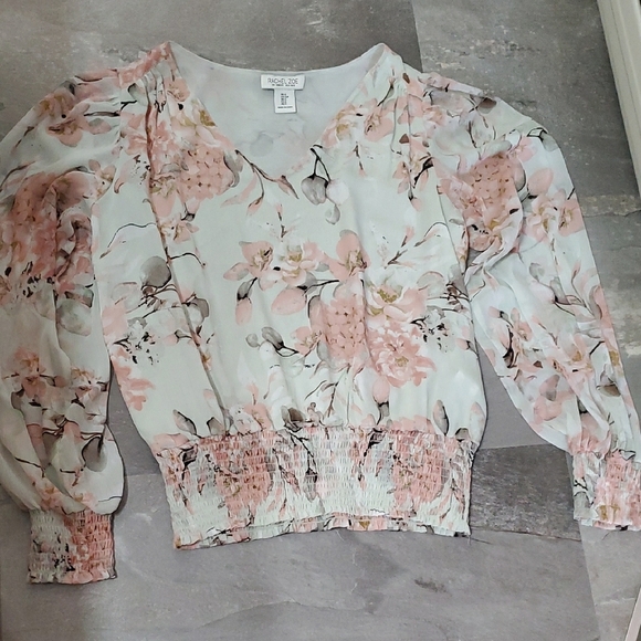 Rachel Zoe Flowy Sheer Floral Long Sleeves Blouse. Green, Pink. Smocked Hem. S. - Picture 1 of 12